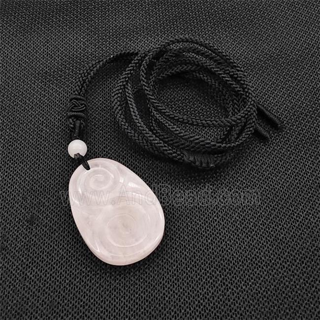 Natural Pink Rose Quartz Spiral Necklace Flat Teardrop Black Nylon Rope
