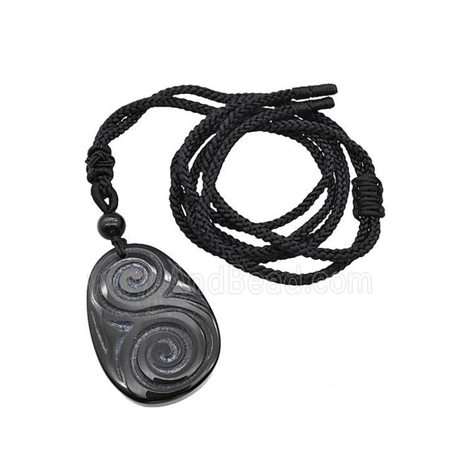 Natural Black Obsidian Spiral Necklace Flat Teardrop Black Nylon Rope