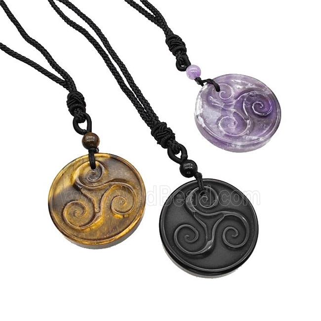 Natural Gemstone Triskelion Necklace Circle Black Nylon Cord Rope Mixed
