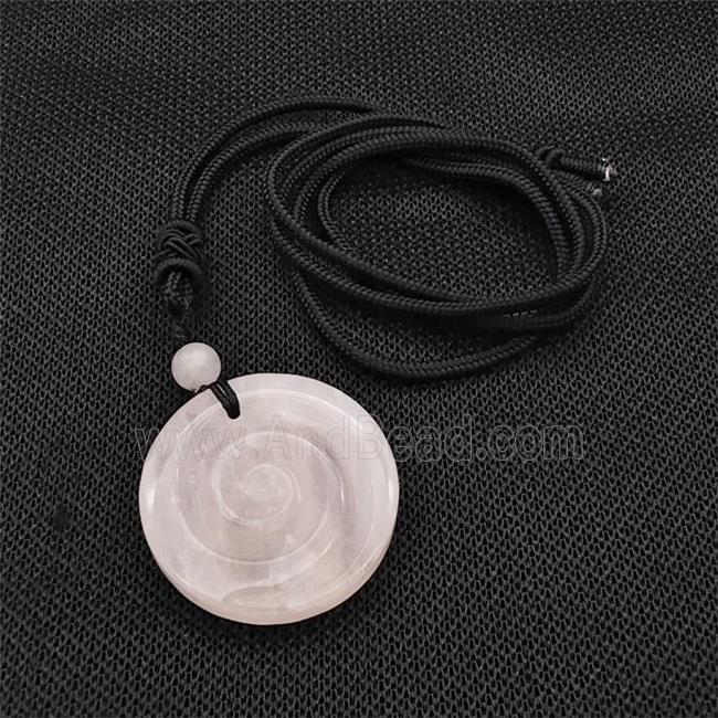 Natural Pink Rose Quartz Spiral Necklace Circle Black Nylon Rope