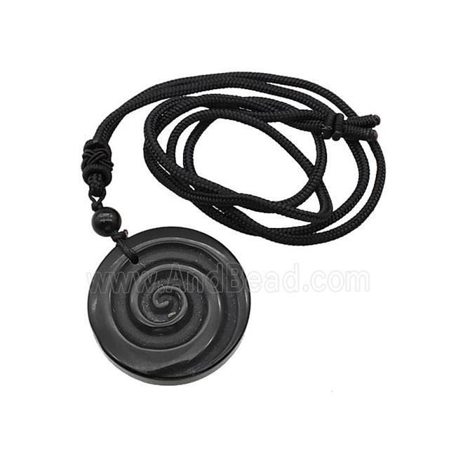 Natural Black Obsidian Spiral Necklace Circle Black Nylon Rope