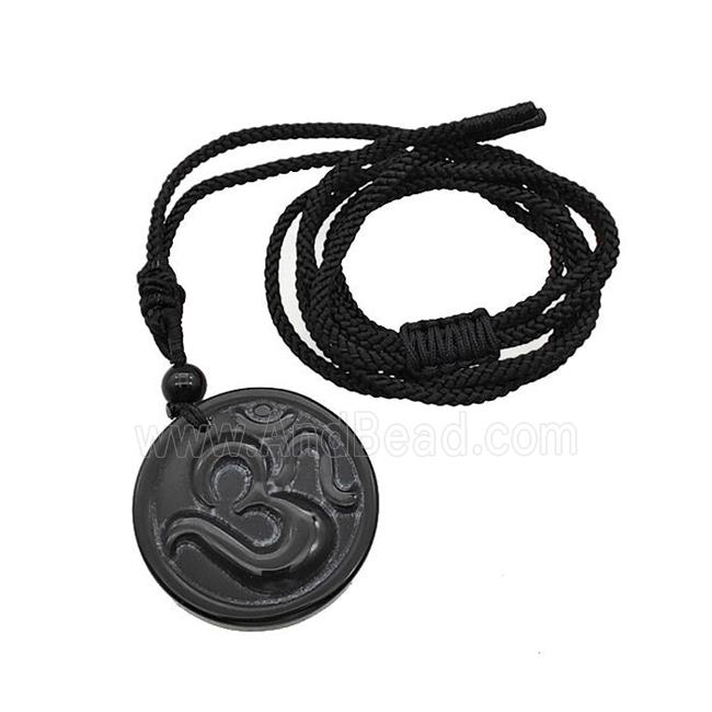Natural Black Obsidian Hinduism Necklace Circle Black Nylon Rope