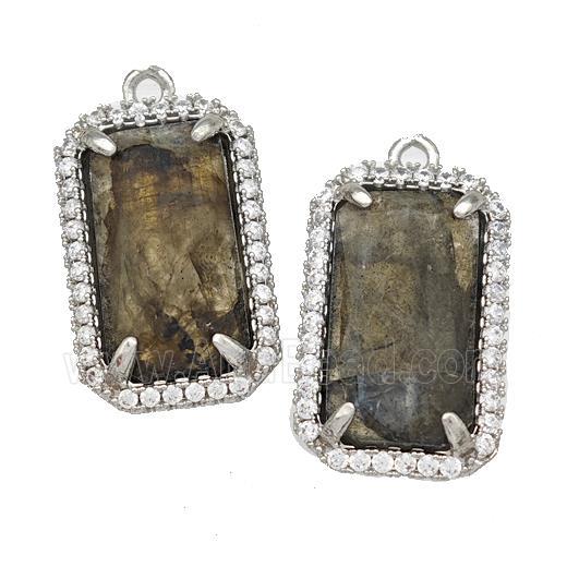 Natural Labradorite Rectangle Pendant Copper Pave Zircon Platinum Plated