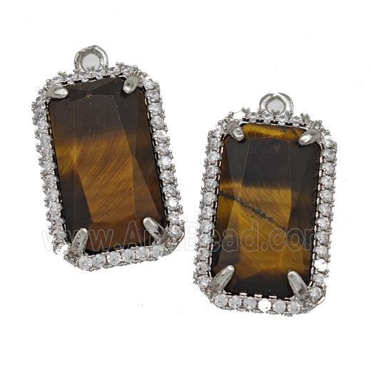 Natural Tiger Eye Stone Rectangle Pendant Copper Pave Zircon Platinum Plated