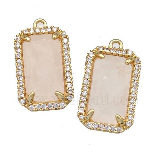Pink Rose Quartz Rectangle Pendant Copper Pave Zircon Gold Plated