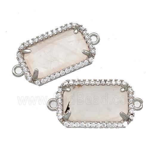 Natural Rose Quartz Rectangle Connector Copper Pave Zircon Platinum Plated
