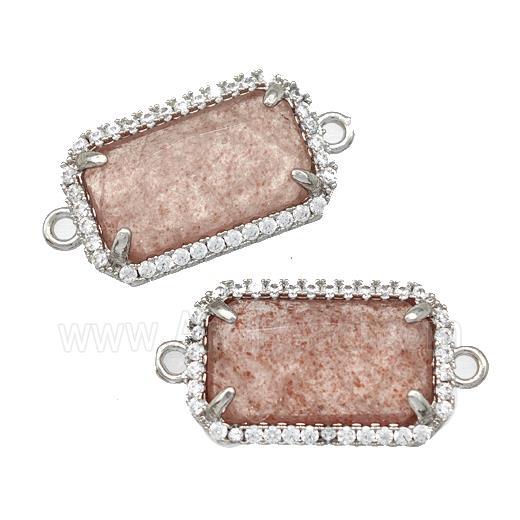 Pink Strawberry Quartz Rectangle Connector Copper Pave Zircon Platinum Plated