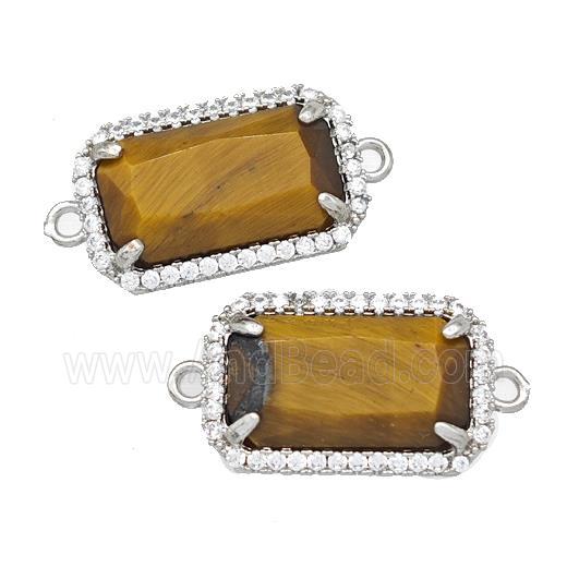 Natural Tiger Eye Stone Rectangle Connector Copper Pave Zircon Platinum Plated