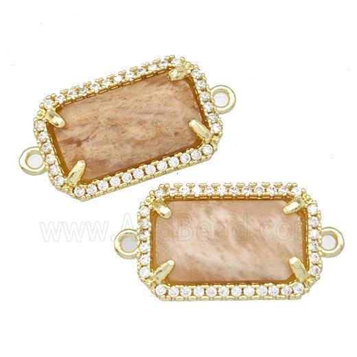 Natural Peach Sunstone Rectangle Connector Copper Pave Zircon Gold Plated