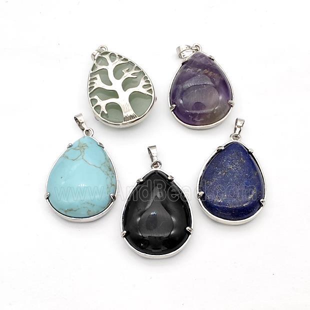 Mixed Gemstone Teardrop Pendant Tree Platinum Plated