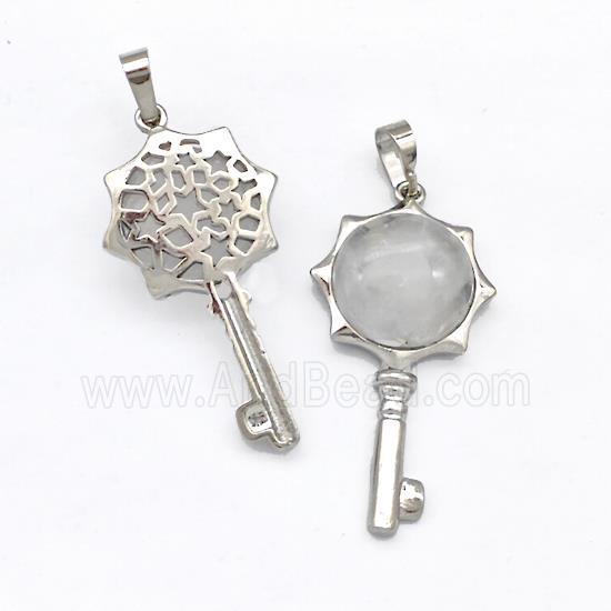 Alloy Key Charms Pendant Pave Clear Quartz Platinum Plated