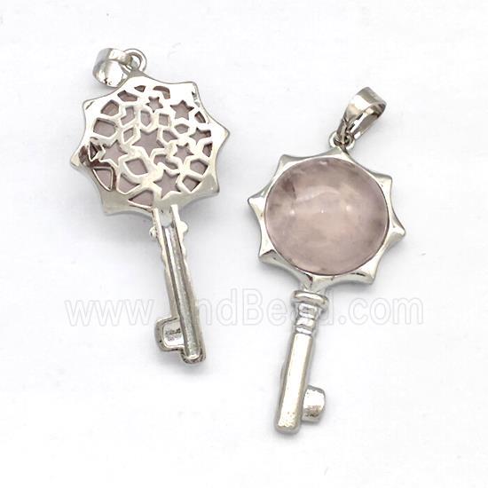 Alloy Key Charms Pendant Pave Rose Quartz Platinum Plated