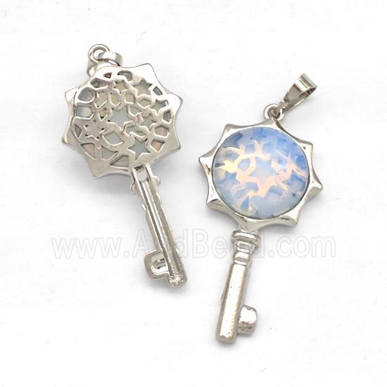 Alloy Key Charms Pendant Pave White Opalite Platinum Plated