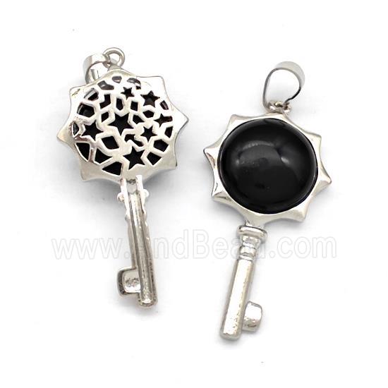 Alloy Key Charms Pendant Pave Black Obsidian Platinum Plated