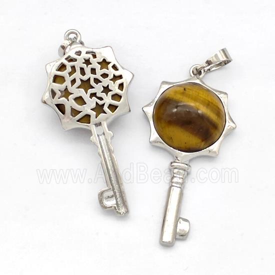 Alloy Key Charms Pendant Pave Tiger Eye Stone Platinum Plated