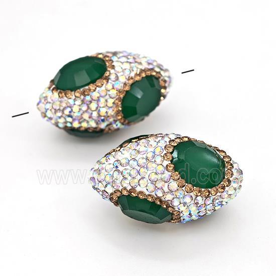 Clay Rice Beads Pave White Rhinestone Green Jadeite Glass