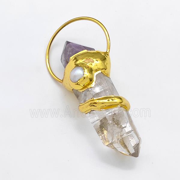 Natural Clear Crystal Quartz Stick Pendant With Pearl Amethyst Gold Plated