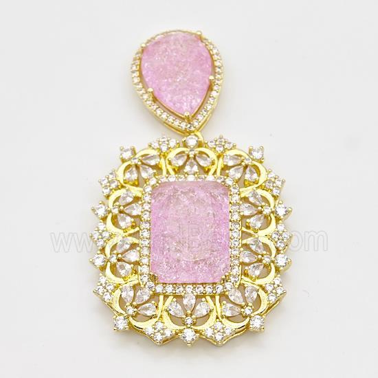 Copper Pendant Pave Zirconia Pink Acrylic Gold Plated