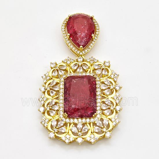 Copper Pendant Pave Zirconia Red Acrylic Gold Plated