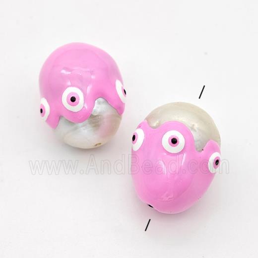 White Pearl Potato Beads Pink Enamel Evil Eye