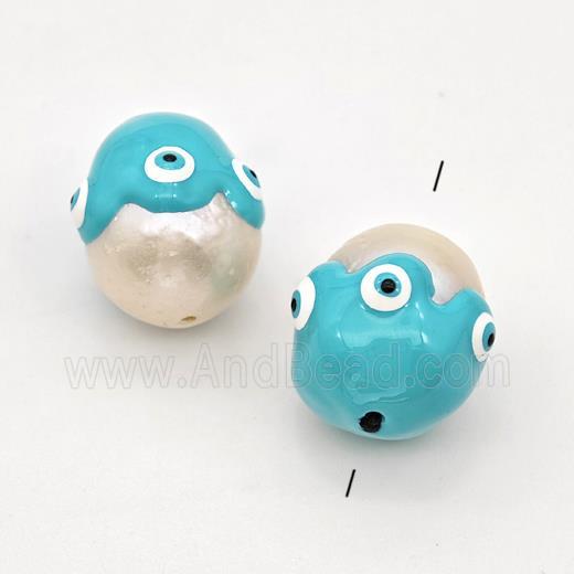 White Pearl Potato Beads Teal Enamel Evil Eye