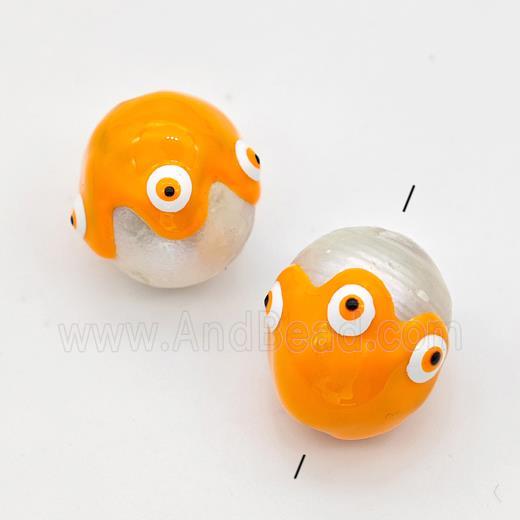 White Pearl Potato Beads Orange Enamel Evil Eye