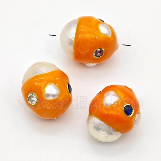 White Pearl Potato Beads Pave Zirconia Orange Enamel