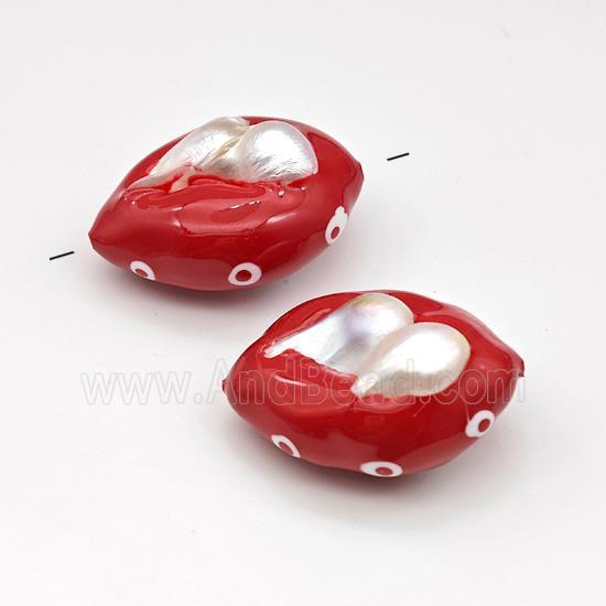 Baroque Style Pearl Oval Beads Red Enamel Evil Eye