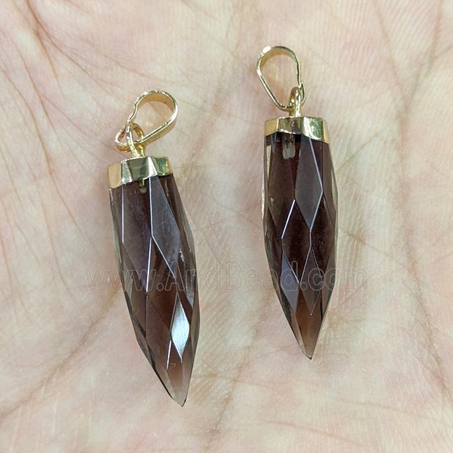 smoky quartz pendant, faceted bullet, gold plated