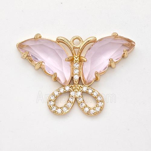 Pink Crystal Glass Copper Butterfly Pendant Pave Zirconia Gold Plated