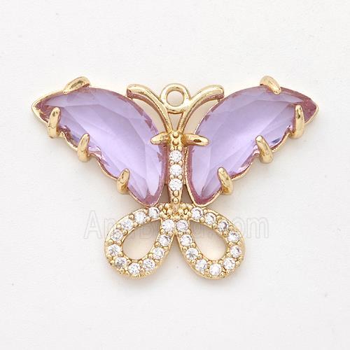 Purple Crystal Glass Copper Butterfly Pendant Pave Zirconia Gold Plated