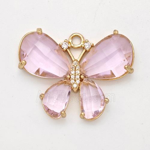 Pink Crystal Glass Copper Butterfly Pendant Pave Zirconia Gold Plated