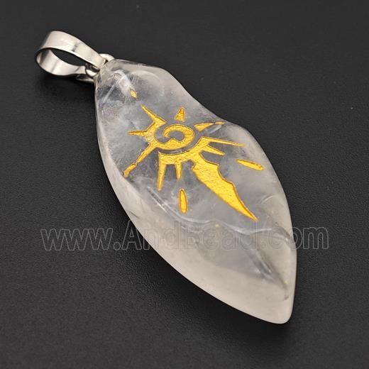 Natural Clear Quartz Leaf Pendant Sun Golden Painted