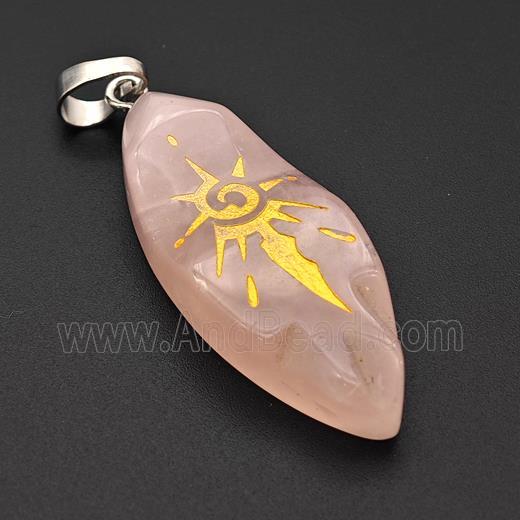Natural Pink Rose Quartz Leaf Pendant Sun Golden Painted