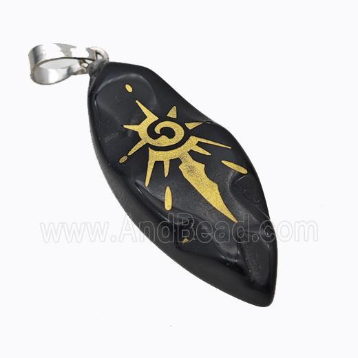 Natural Black Obsidian Leaf Pendant Sun Golden Painted