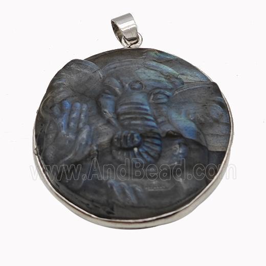 Natural Labradorite Ganesha Pendant Carved Elephant