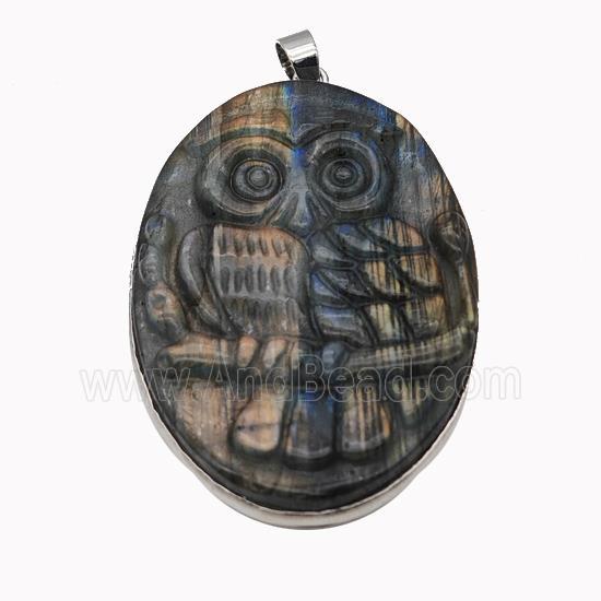 Natural Labradorite Owl Pendant Carved