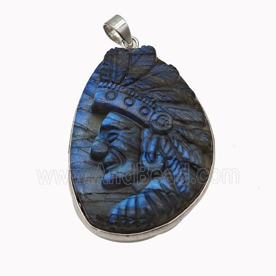 Natural Labradorite Pendant Tribal Leader Carved