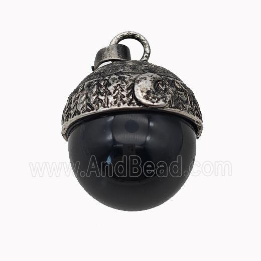 Natural Black Obsidian Sphere Pendant Alloy Antique Silver