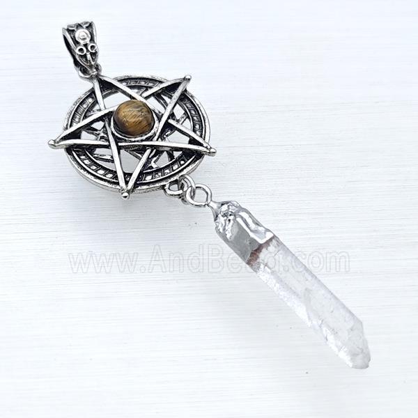 Alloy Star Pendant Pave Tiger Eye With Crystal Quartz Stick Antique Silver