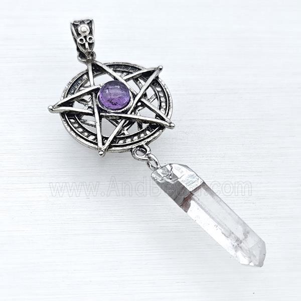 Alloy Star Pendant Pave Amethyst With Crystal Quartz Stick Antique Silver