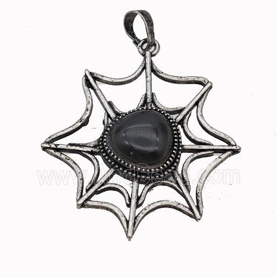 Alloy Spiderweb Pendant Pave Black Obsidian Antique Silver