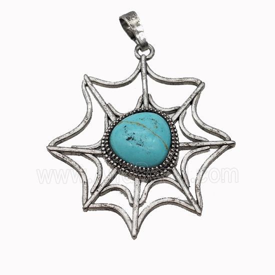 Alloy Spiderweb Pendant Pave Teal Turquoise Antique Silver