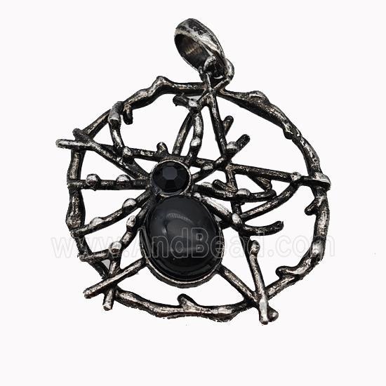 Alloy Spider Pendant Pave Black Obsidian Antique Silver