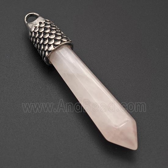 Natural Pink Rose Quartz Prism Pendant Alloy Antique Silver