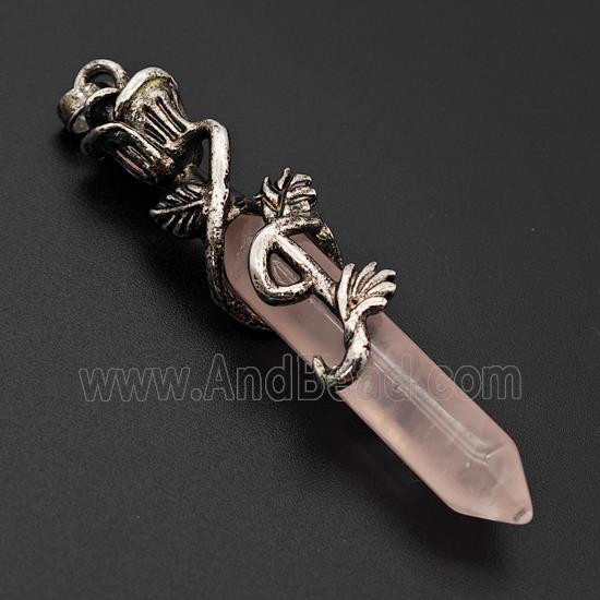Natural Pink Rose Quartz Prism Pendant Alloy Bine Antique Silver