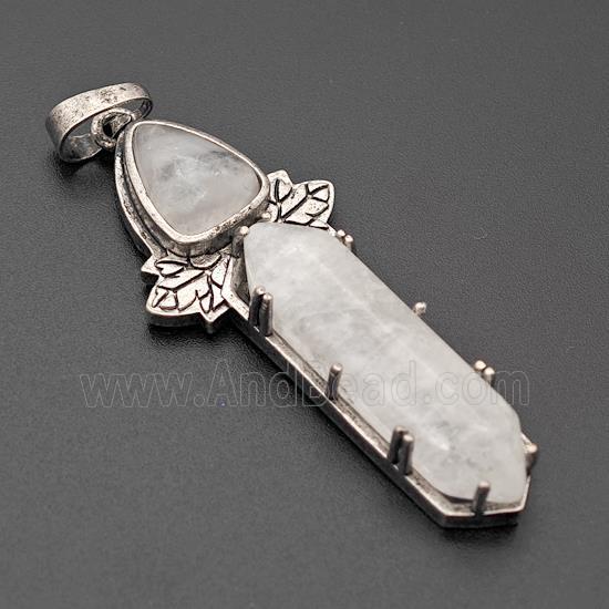 Natural Clear Quartz Prism Pendant Alloy Leaf Antique Silver