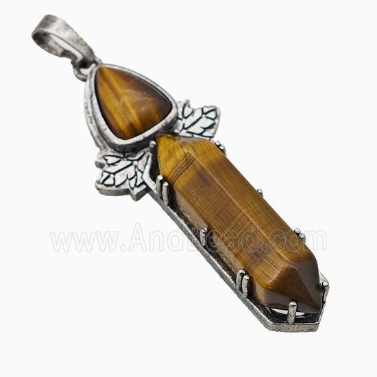 Natural Tiger Eye Stone Prism Pendant Alloy Leaf Antique Silver