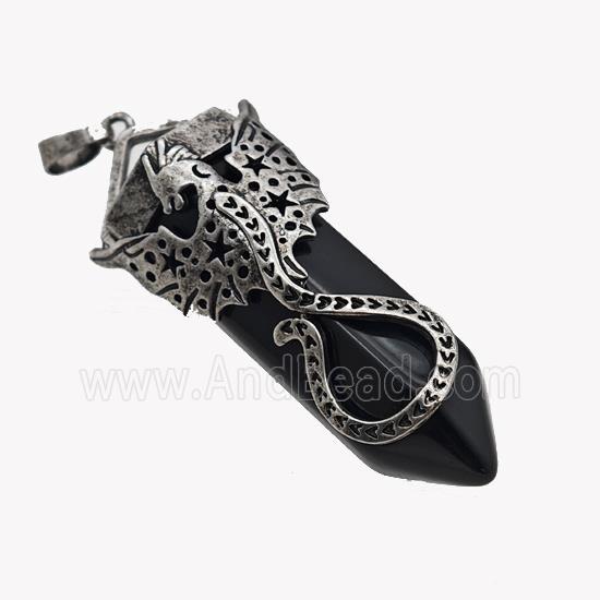 Natural Black Obsidian Prism Pendant With Alloy Peterosaur Antique Silver