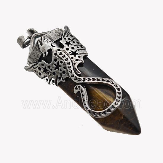 Natural Tiger Eye Stone Prism Pendant With Alloy Peterosaur Antique Silver